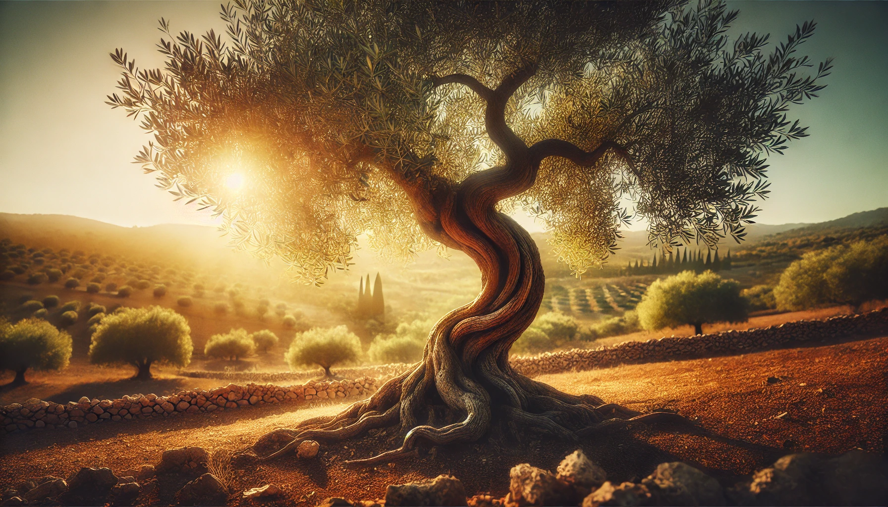 Akdeniz'in bereketli topraklarında yetişen, güçlü gövdesi ve yeşil yapraklarıyla bir zeytin ağacı, zeytinyağının köklü tarihini ve doğanın sunduğu sağlık kaynağını temsil ediyor.